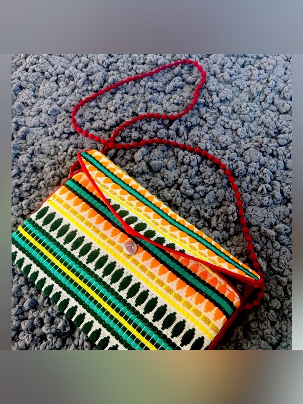 Vintage Handwoven Multicolor Stripe Crossbody Bag - Red Trim
